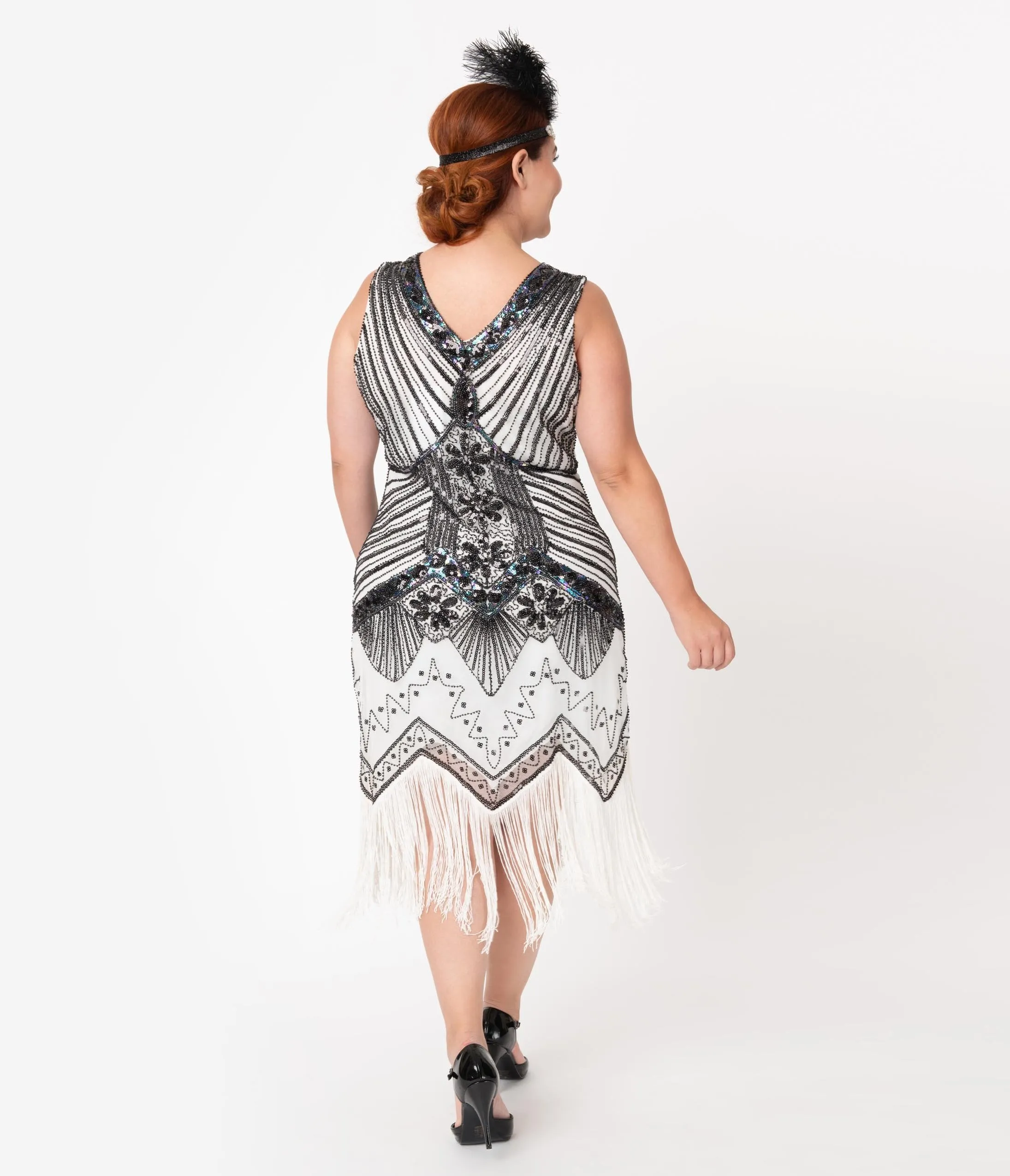 Unique Vintage Plus Size 1920s Deco White & Black Sequin Veronique Fringe Flapper Dress