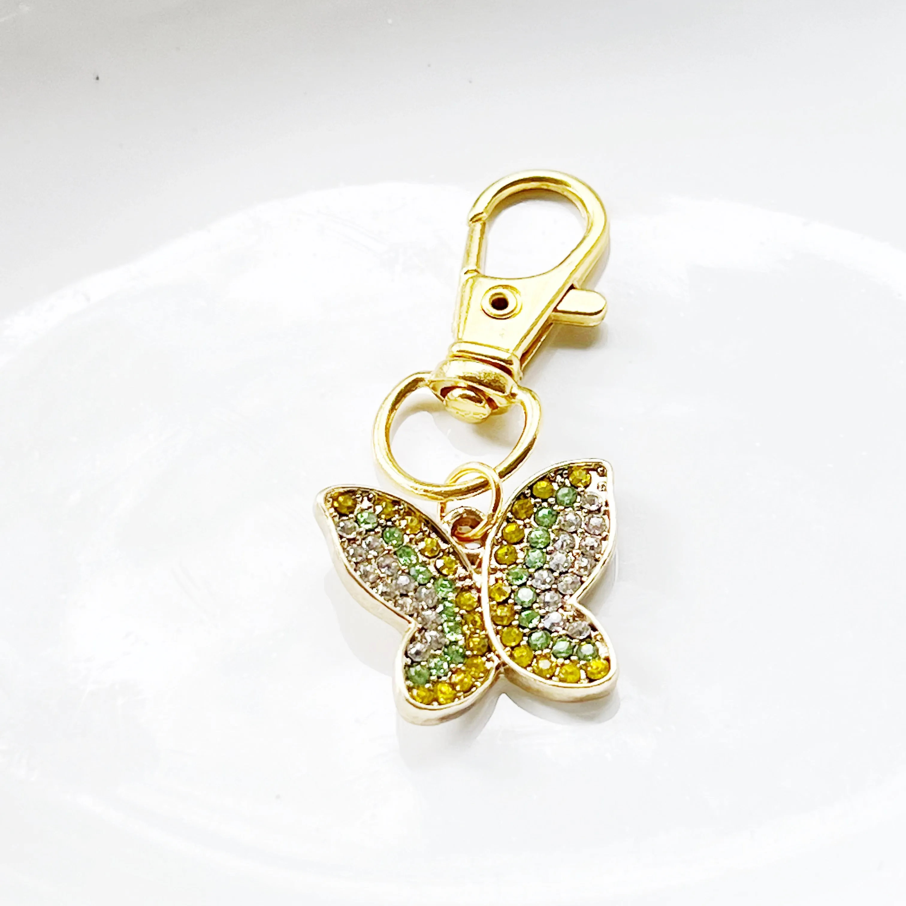 Yellow & Green Butterfly Zipper Pull Keychain Charm with Rhinestones - Stylish and Whimsical Accessory for Your Bag